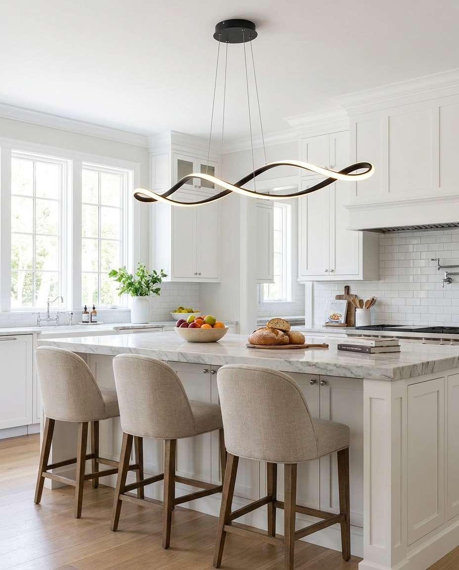 Novene black waveform pendant over a kitchen island