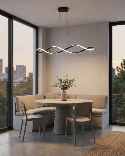 Novene black waveform pendant over a dining nook
