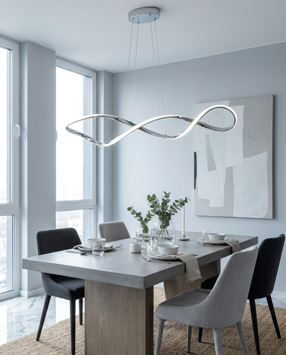 Novene silver waveform pendant over a modern dining table
