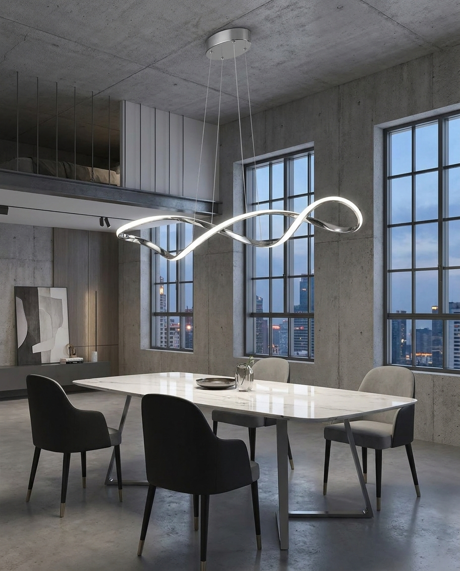 Novene silver waveform pendant over a loft dining table