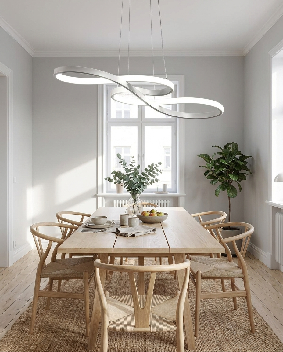 Lirelle white ribbon pendant over a Scandinavian dining table