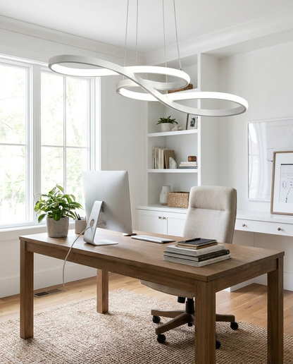 Lirelle white ribbon pendant over a home office desk