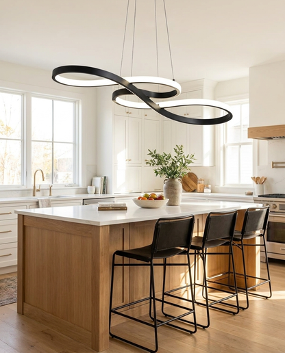 Lirelle black ribbon pendant over a kitchen island