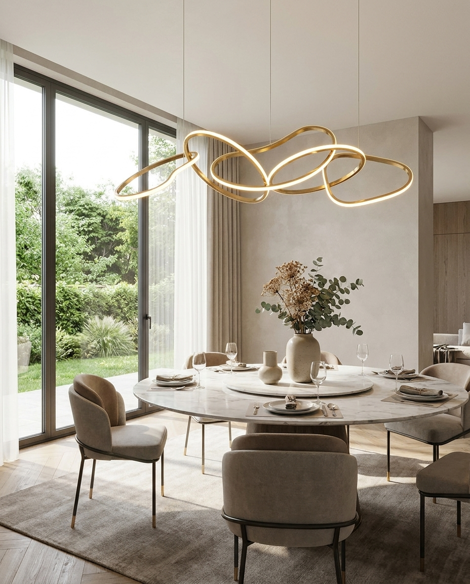 Halcyra gold circle chandelier over a round dining table