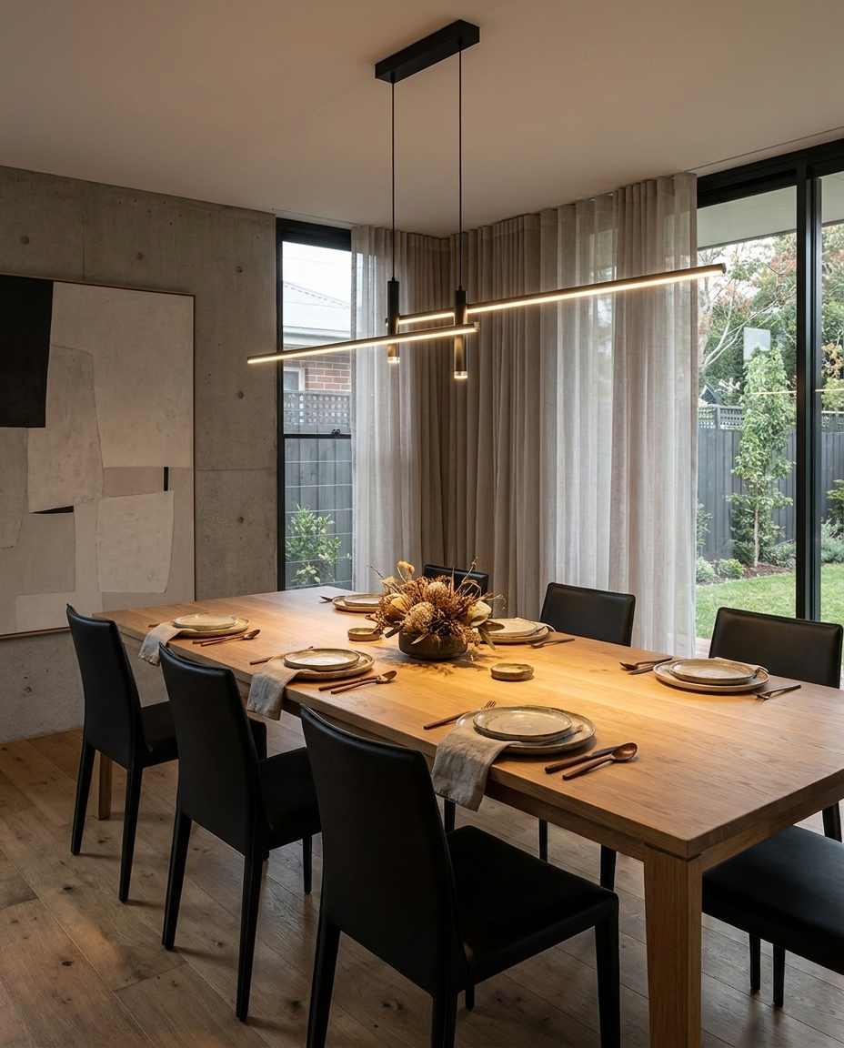 Belisse black linear chandelier over a dining table