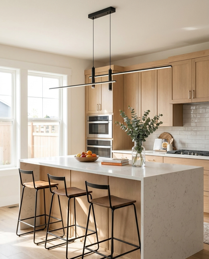 Belisse black linear chandelier over a kitchen island