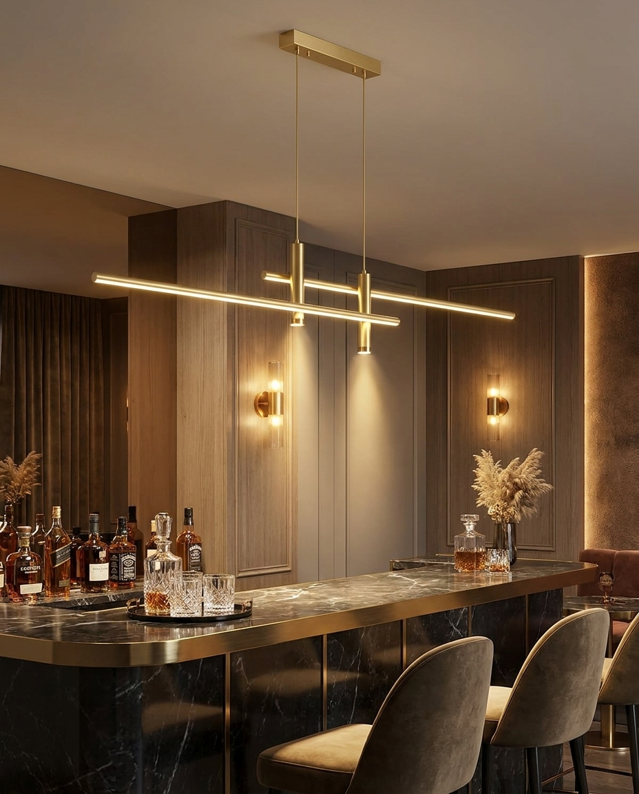 Belisse gold linear chandelier over a bar counter