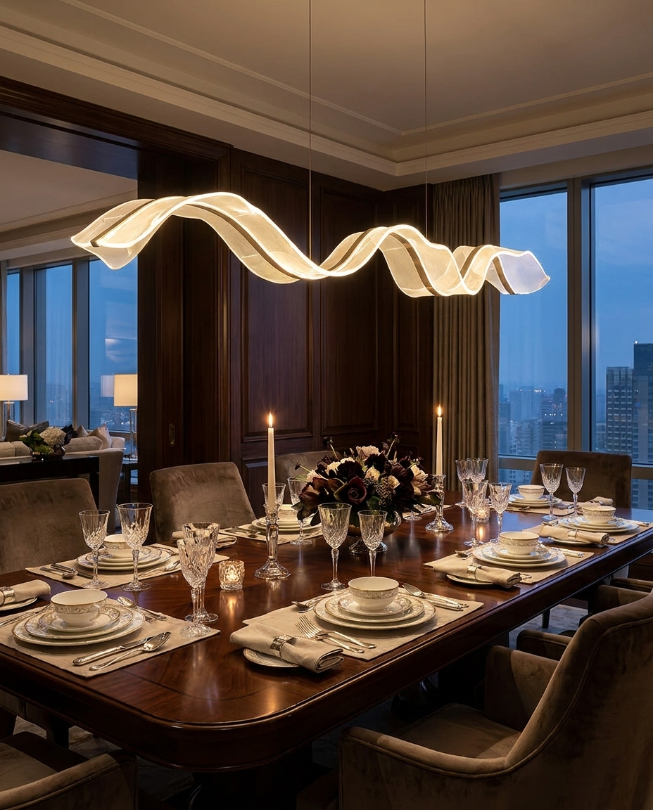 Cirelle gold ribbon wave pendant over an elegant dining table