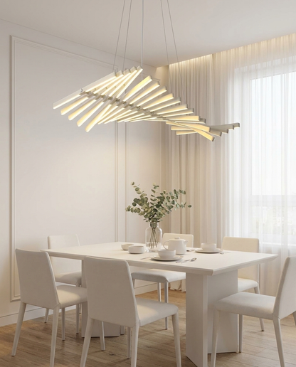 Nyxara white fishbone pendant over a minimalist dining table