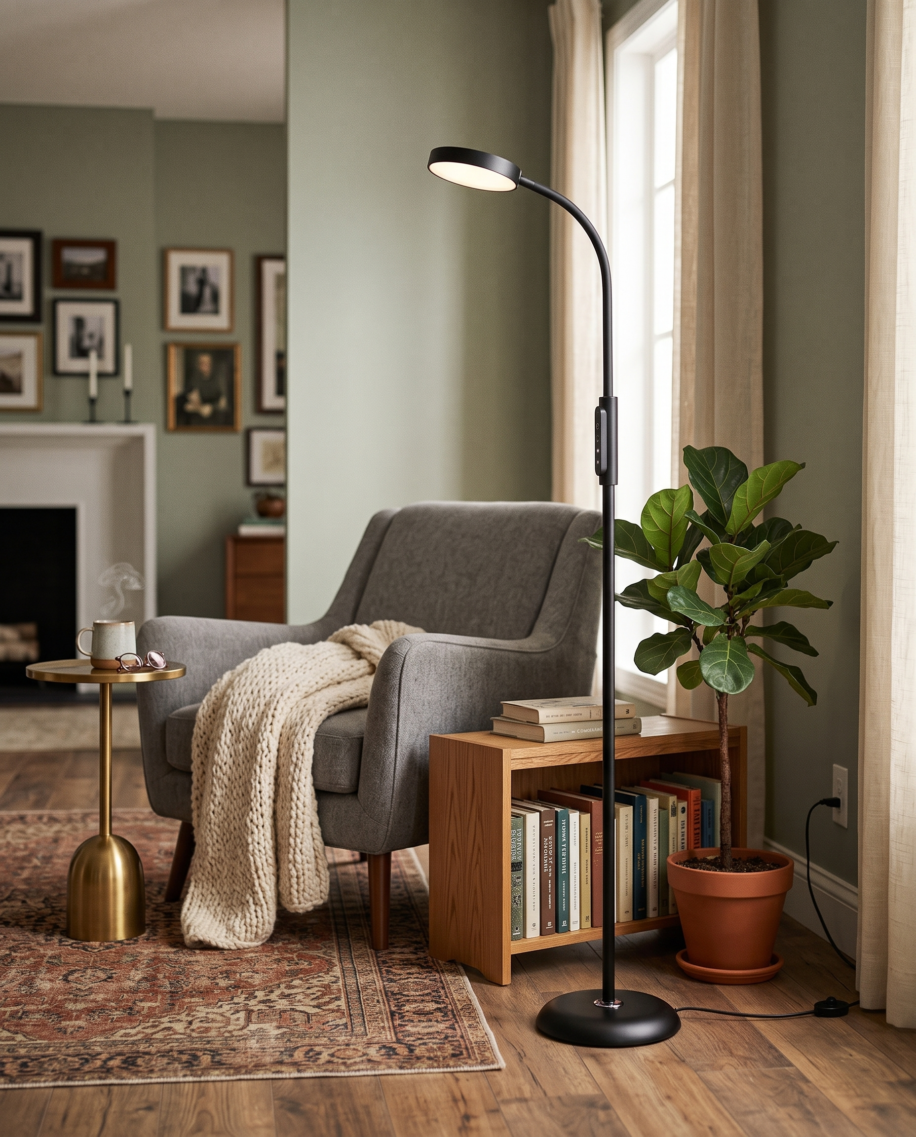 Black LED reading floor lamp in a cozy reading nook