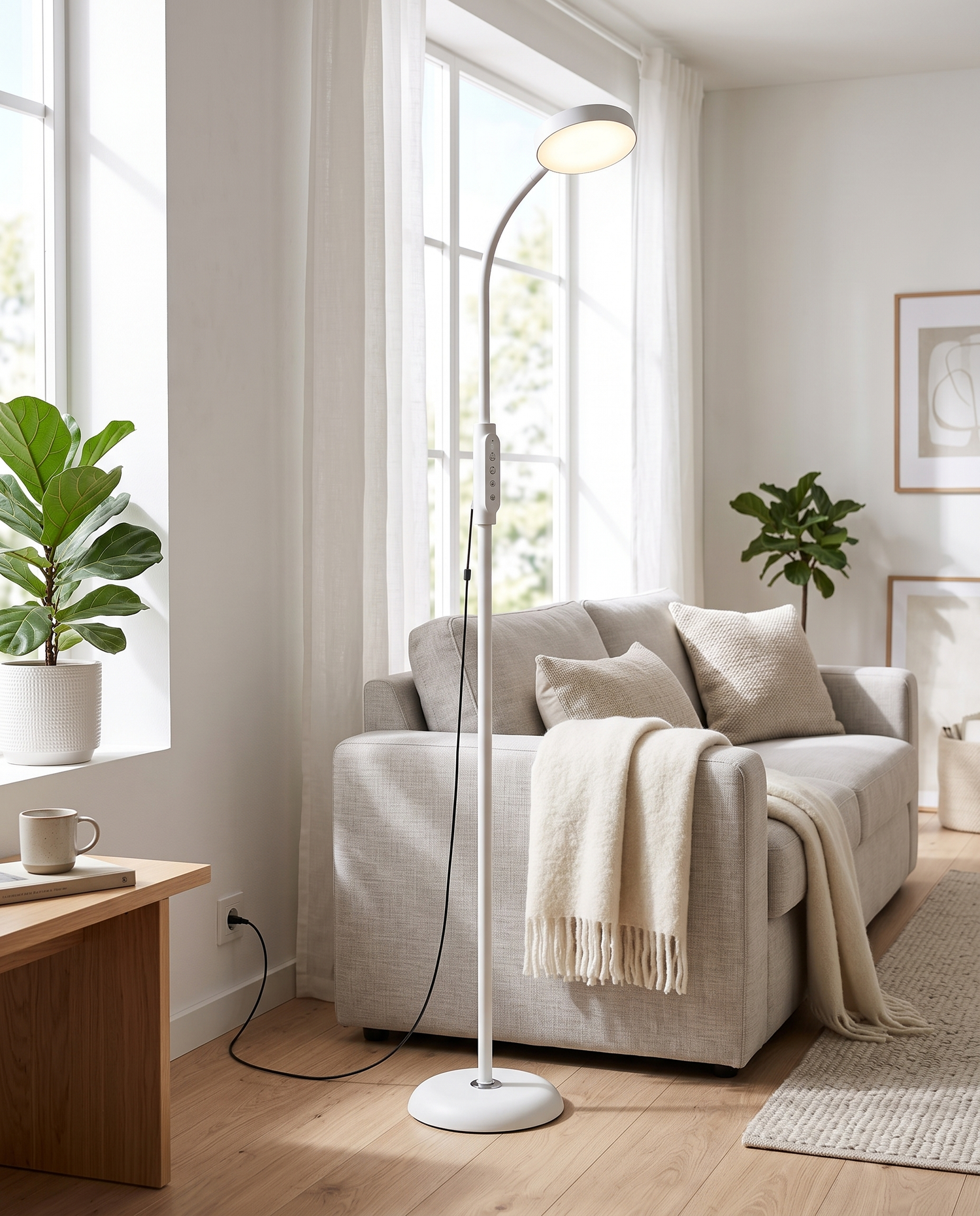 White LED reading floor lamp in a bright Scandinavian living room