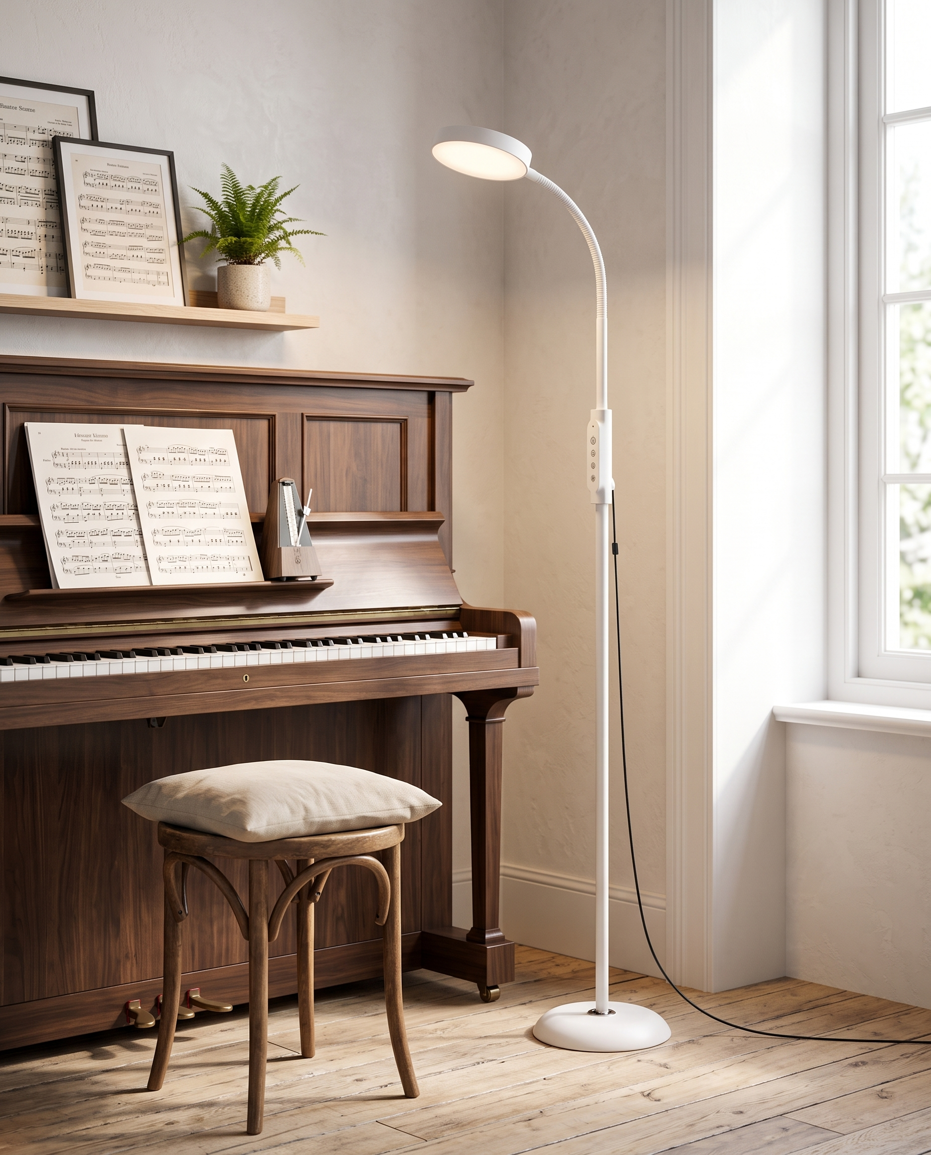 White LED reading floor lamp beside a piano
