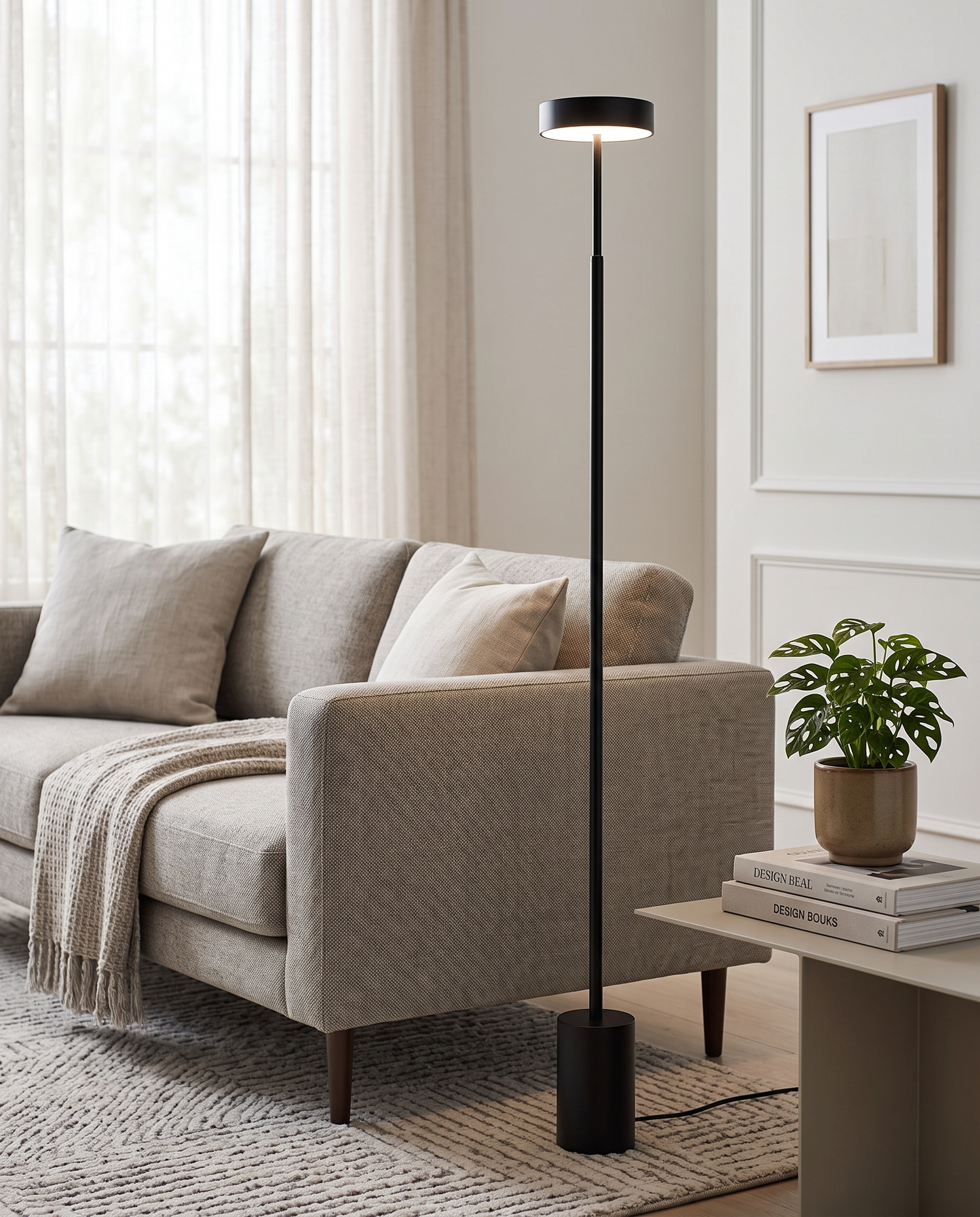 Black petite floor lamp in a modern living room