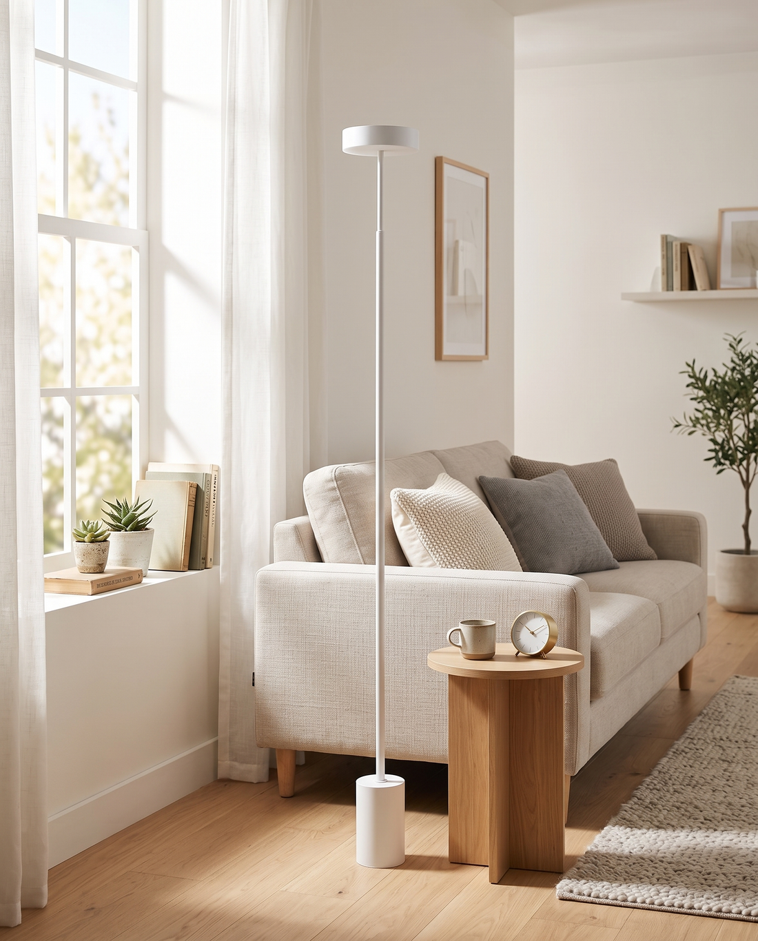 White petite floor lamp in a bright airy living room