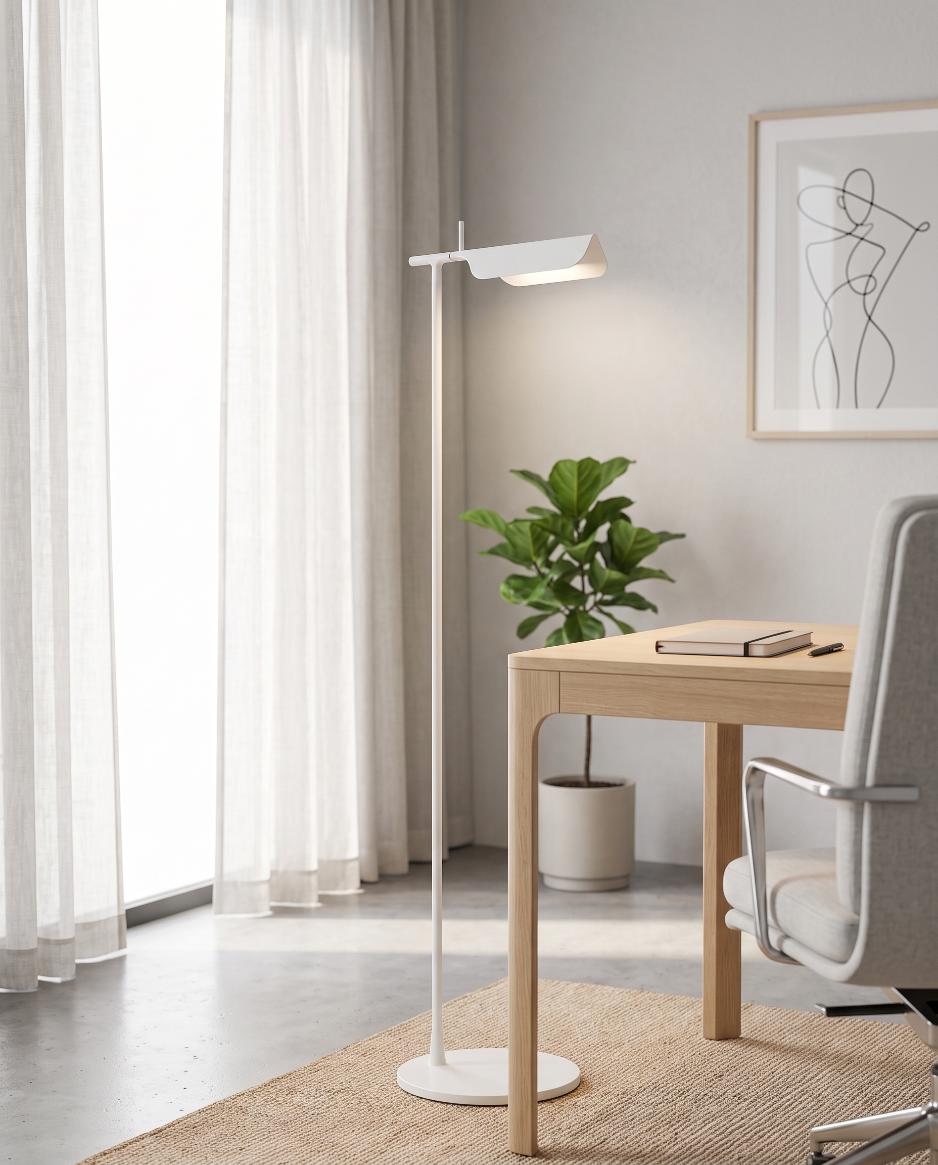White Halden floor lamp in a bright home office