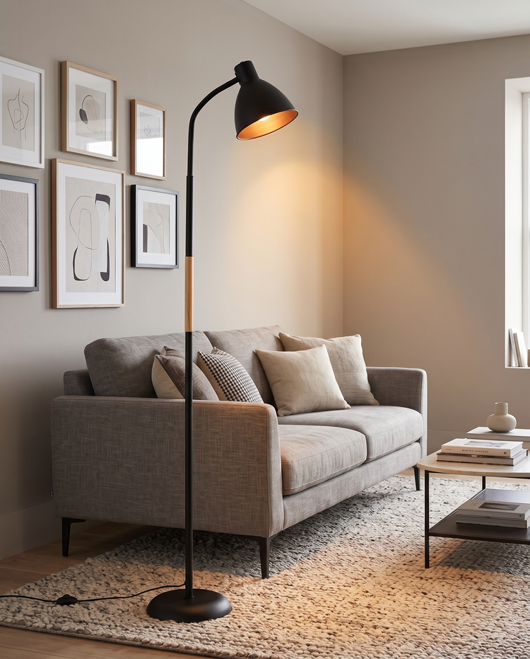 Black Alder wood arc floor lamp in a modern living room