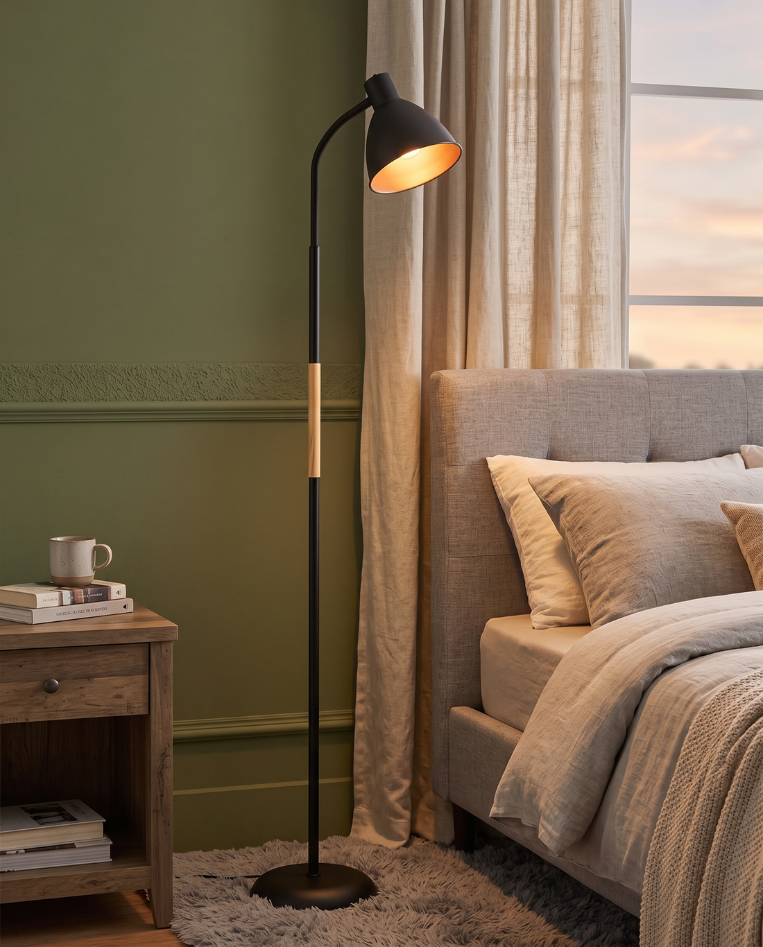 Black Alder wood arc floor lamp in a cozy bedroom