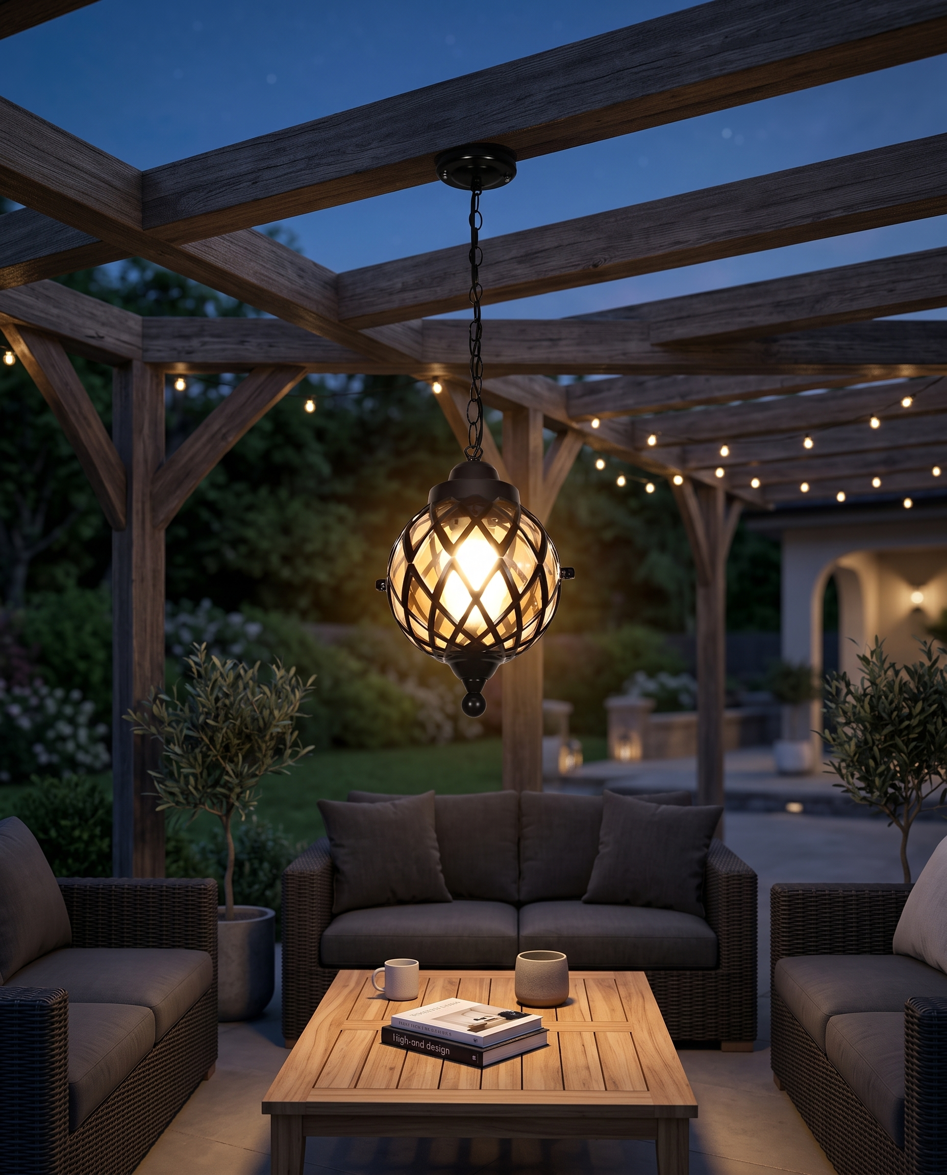 Black globe pendant light under a pergola