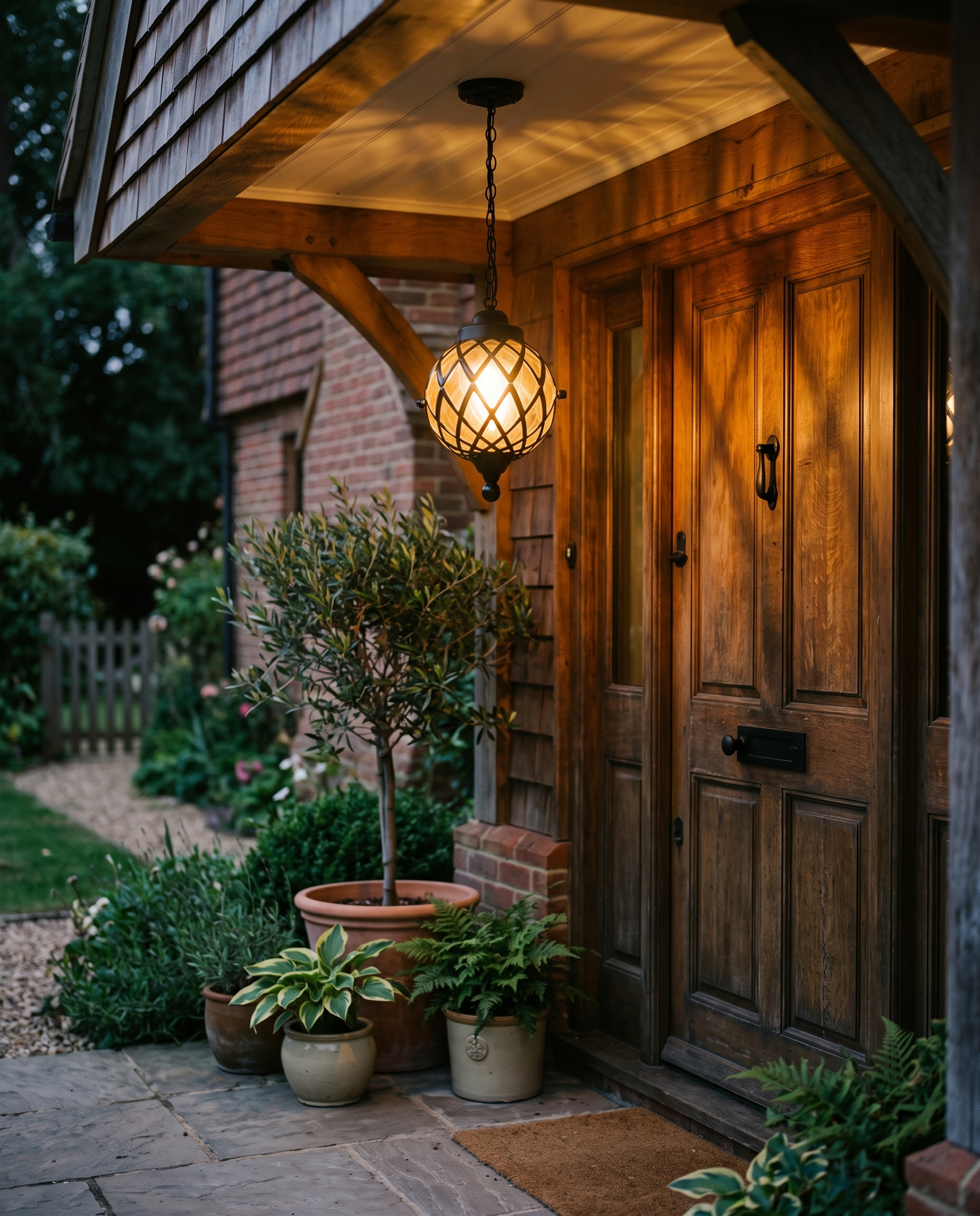 Black globe pendant light at a porch entryway