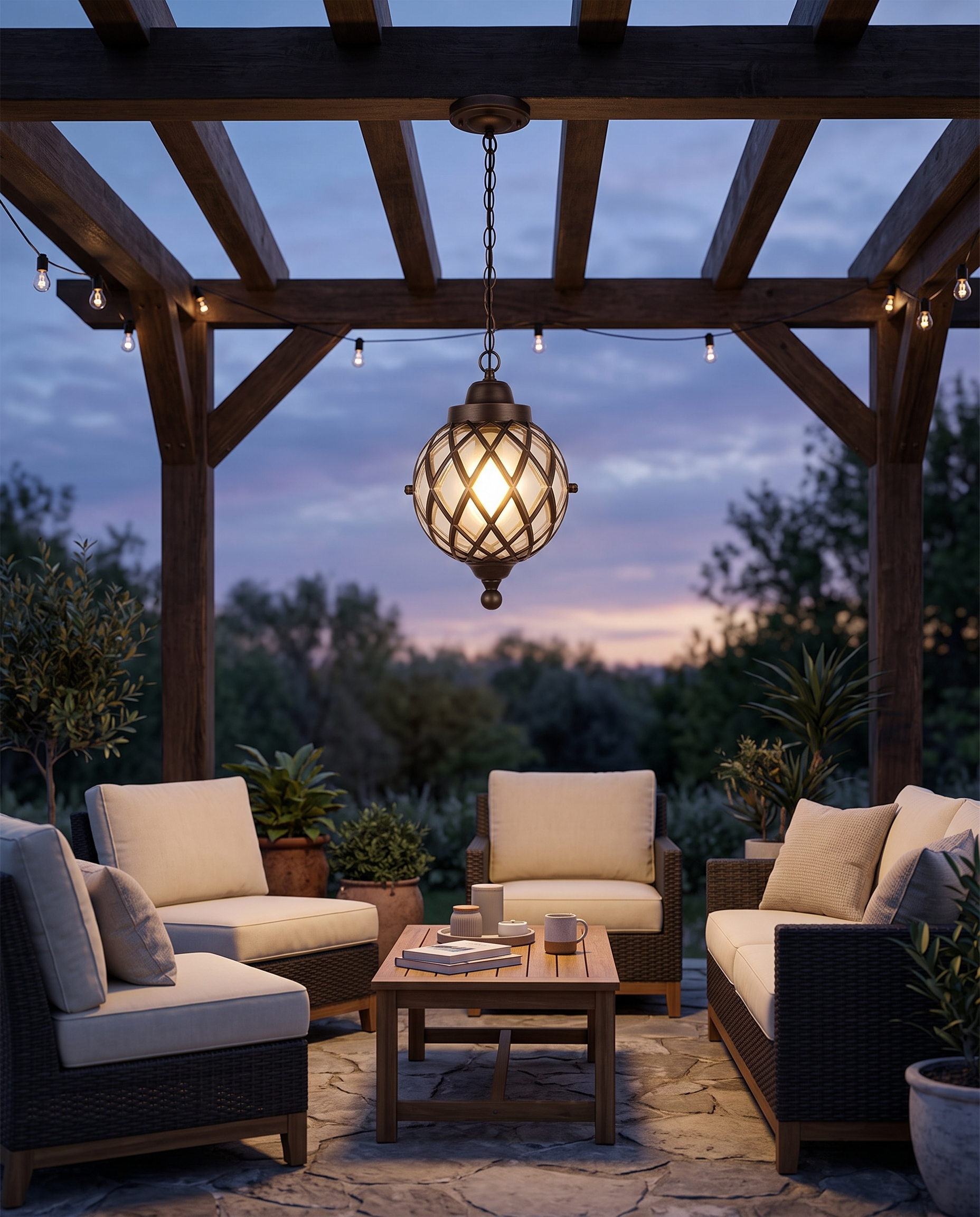Bronze globe pendant light under a pergola