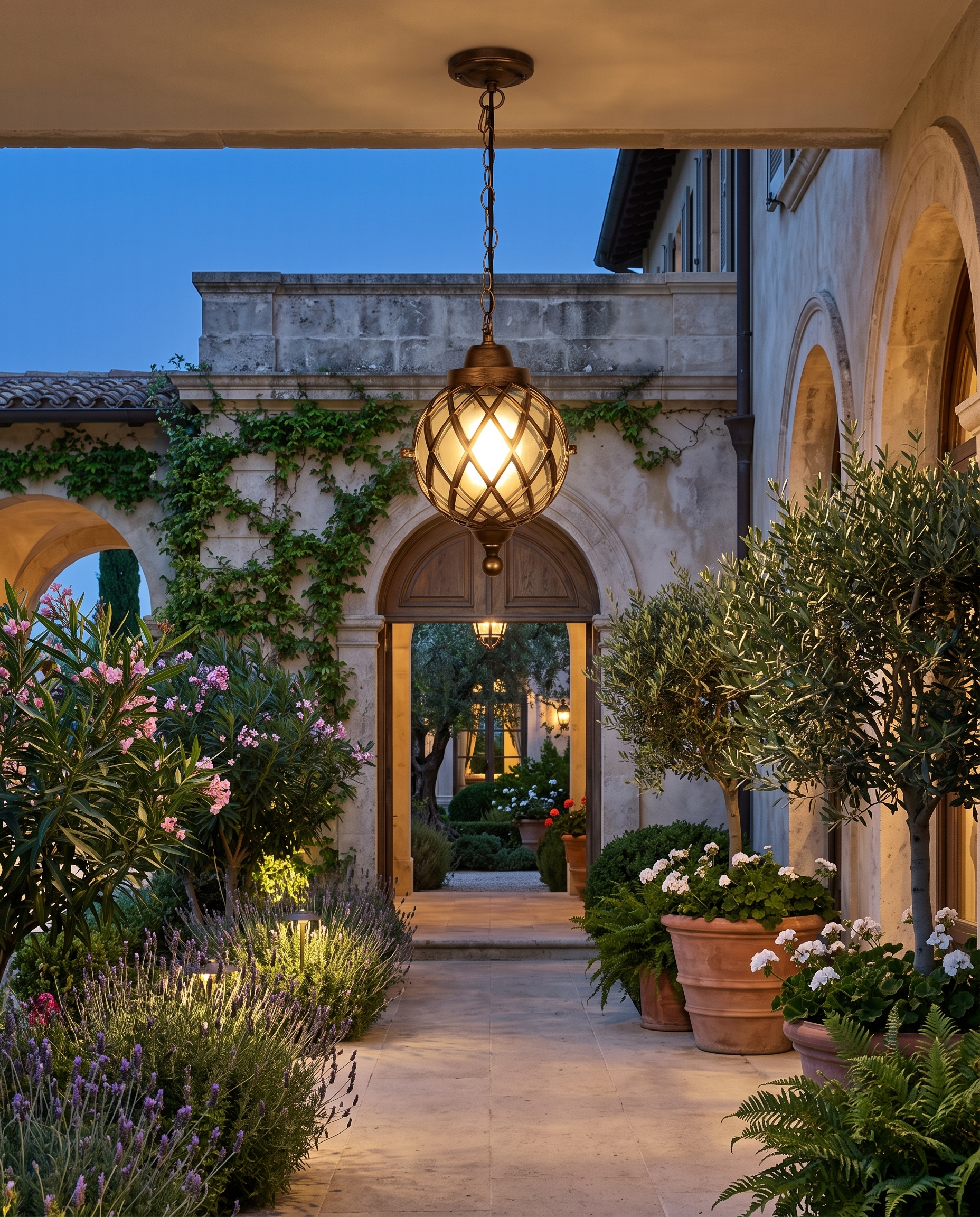 Bronze globe pendant light at a garden entryway