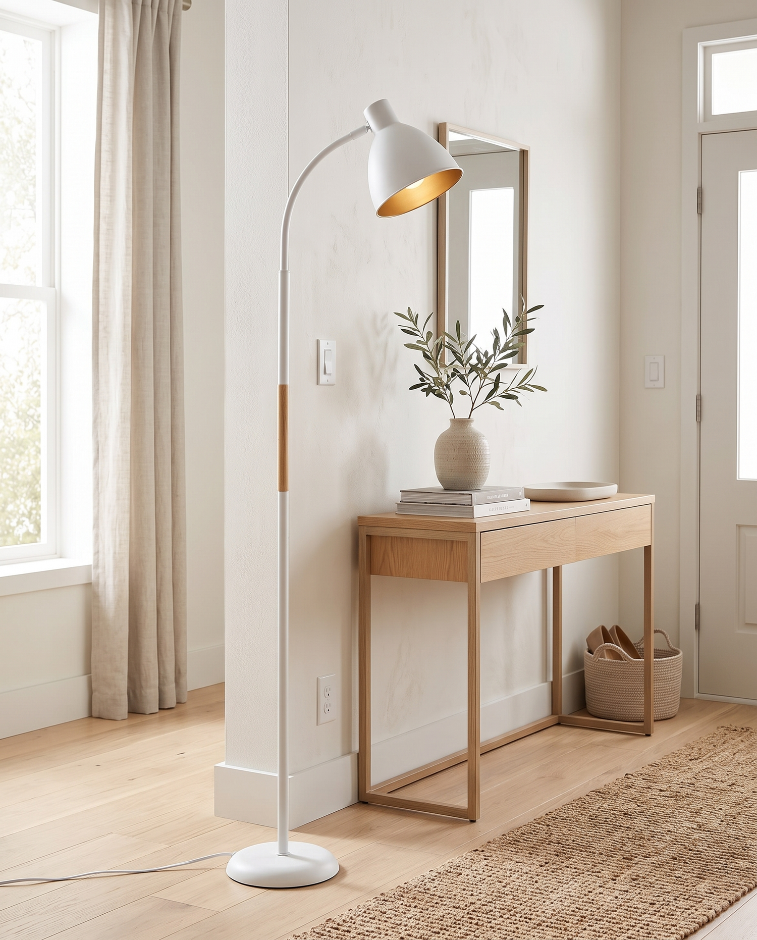 White Alder wood arc floor lamp in an entryway