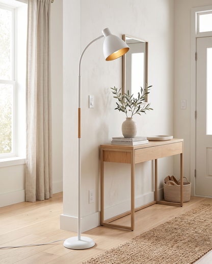 White Alder wood arc floor lamp in an entryway