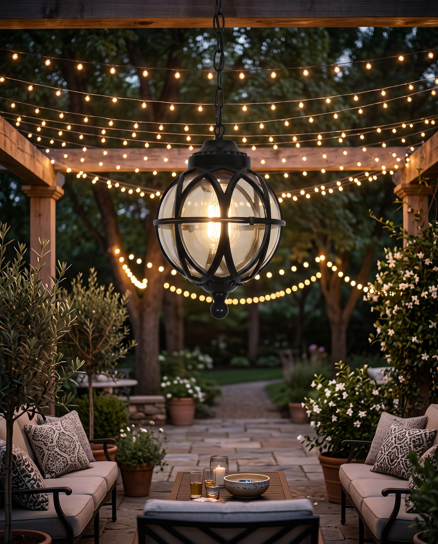 Black orb pendant light over a fairy-lit backyard patio