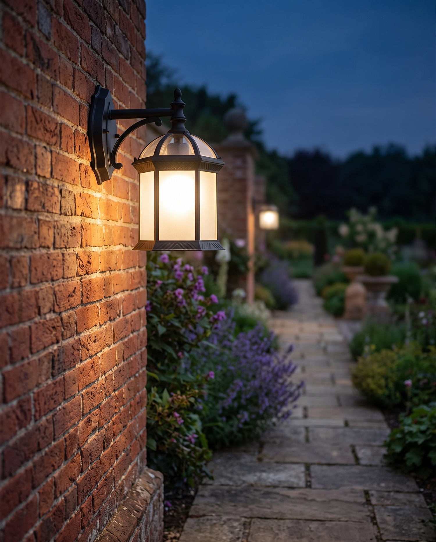 Wall-mount black patio sconce on a garden path wall