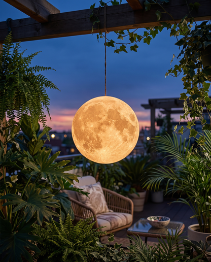 Outdoor moon lamp among plants on a terrace garden