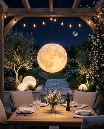 Outdoor moon lamp over a patio dining table at night