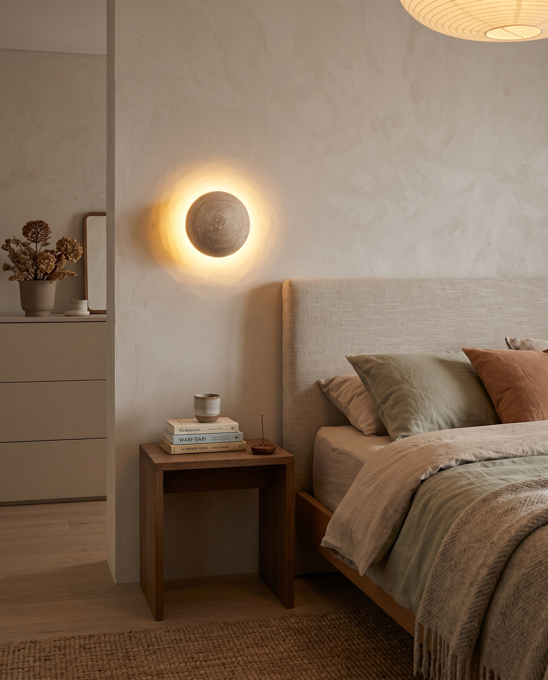 Nara Travertine Wall Sconce beside a bedroom headboard