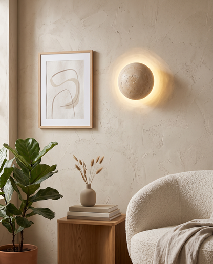 Nara Travertine Wall Sconce in a Japandi living room