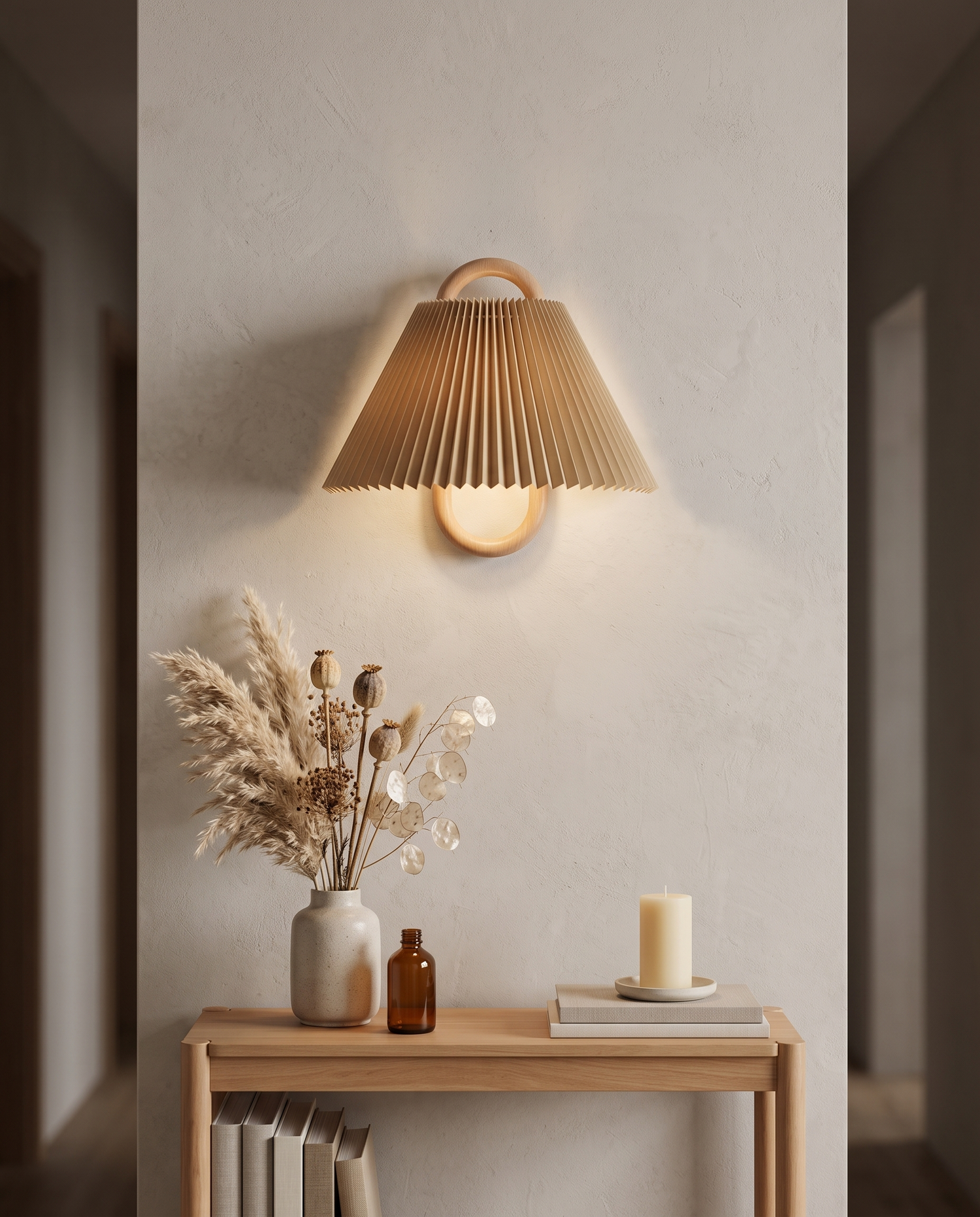 Aspen Wood Wall Sconce Beige Pleated - hallway