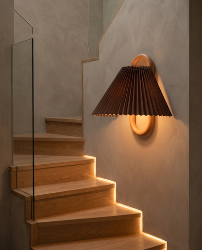 Aspen Wood Wall Sconce Coffee Pleated - staircase
