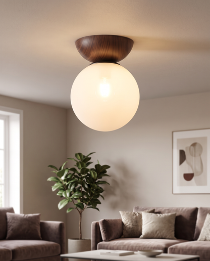 Sfera Glass Ceiling Light Semi-Flush Walnut - living room