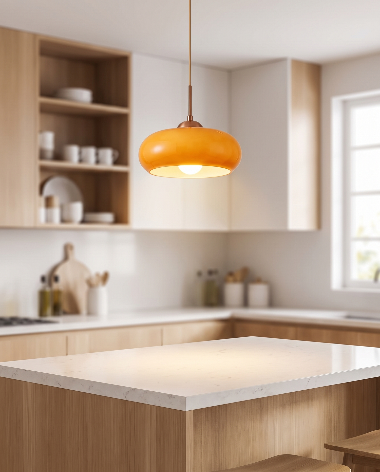 Cobre Glass Ceiling Light in Orange as a pendant over a kitchen island