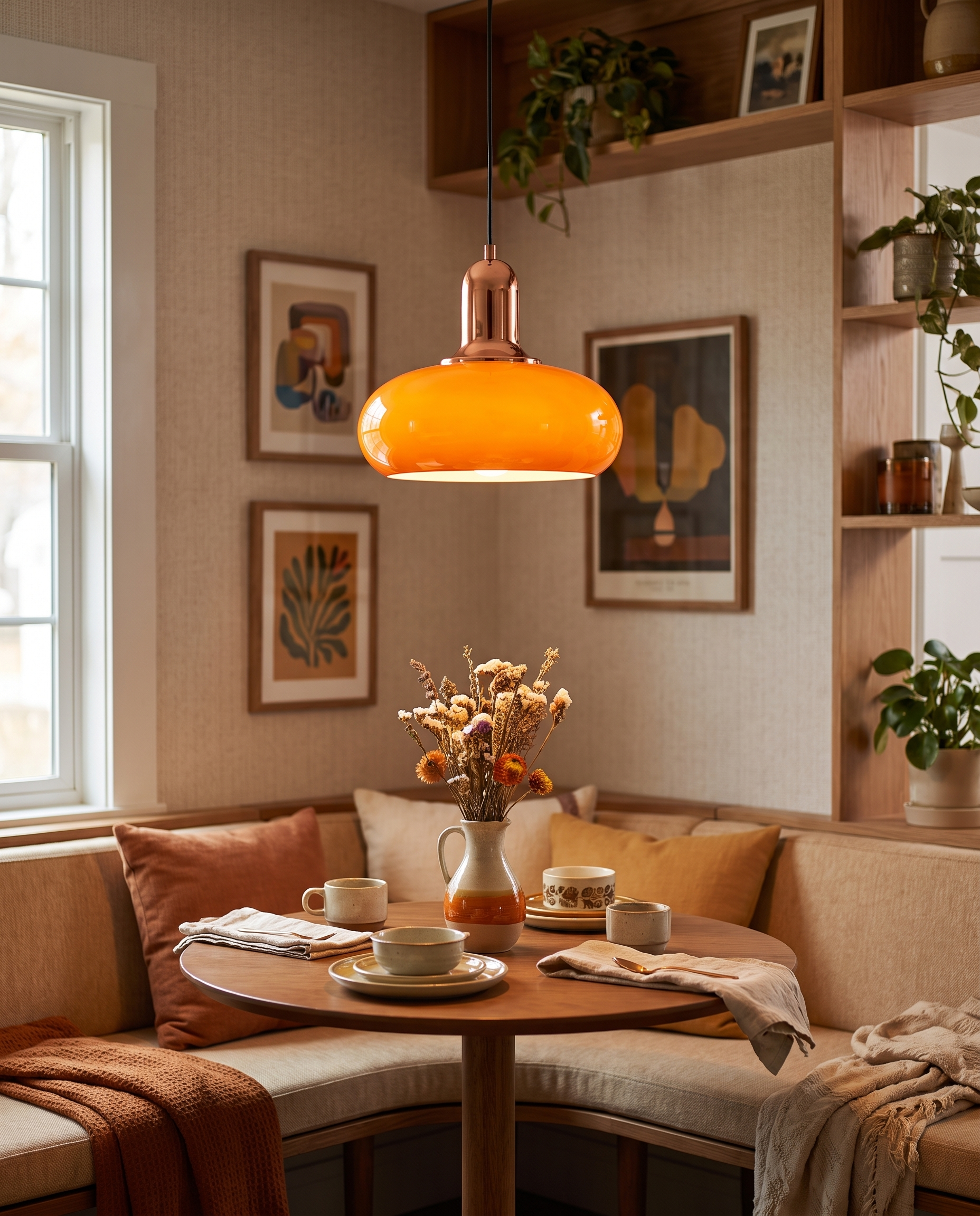 Cobre Glass Ceiling Light in Orange as a pendant over a dining nook