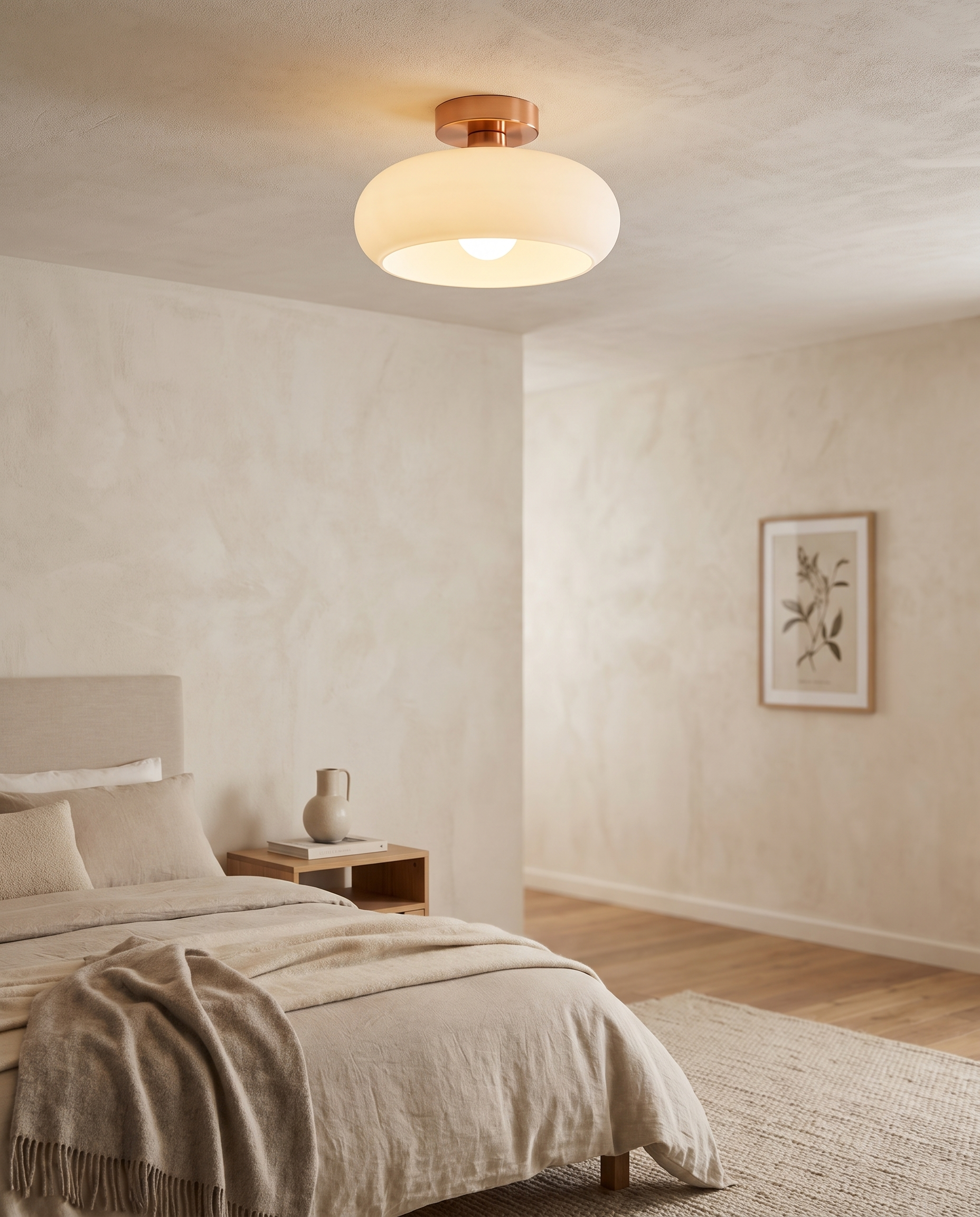 Cobre Glass Ceiling Light in White flush mounted in a bedroom