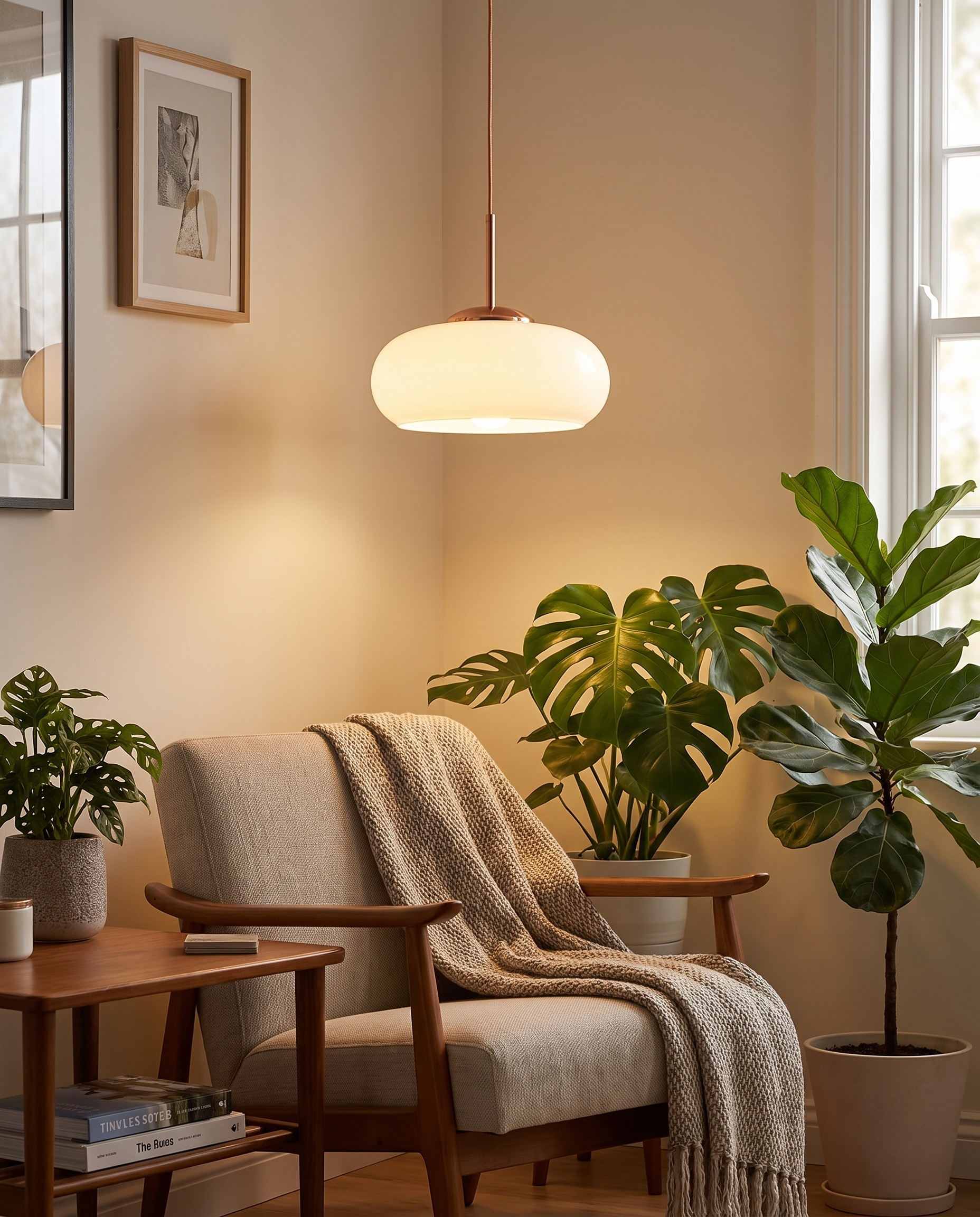 Cobre Glass Ceiling Light in White as a pendant in a living room