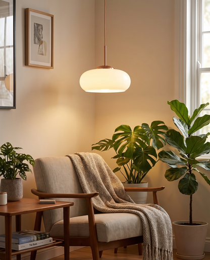 Cobre Glass Ceiling Light in White as a pendant in a living room