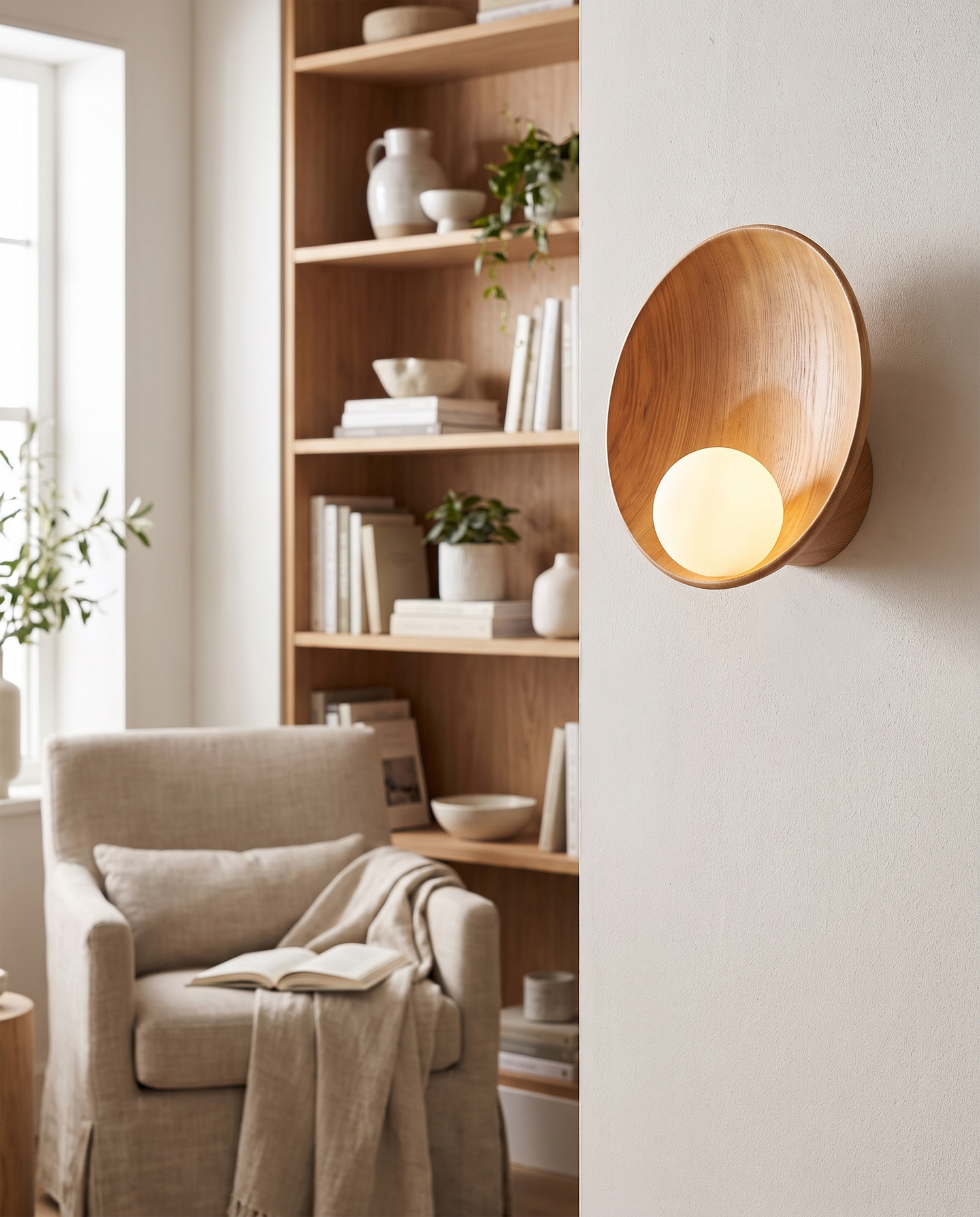 Luna Round Wall Sconce in Wood finish by a reading corner