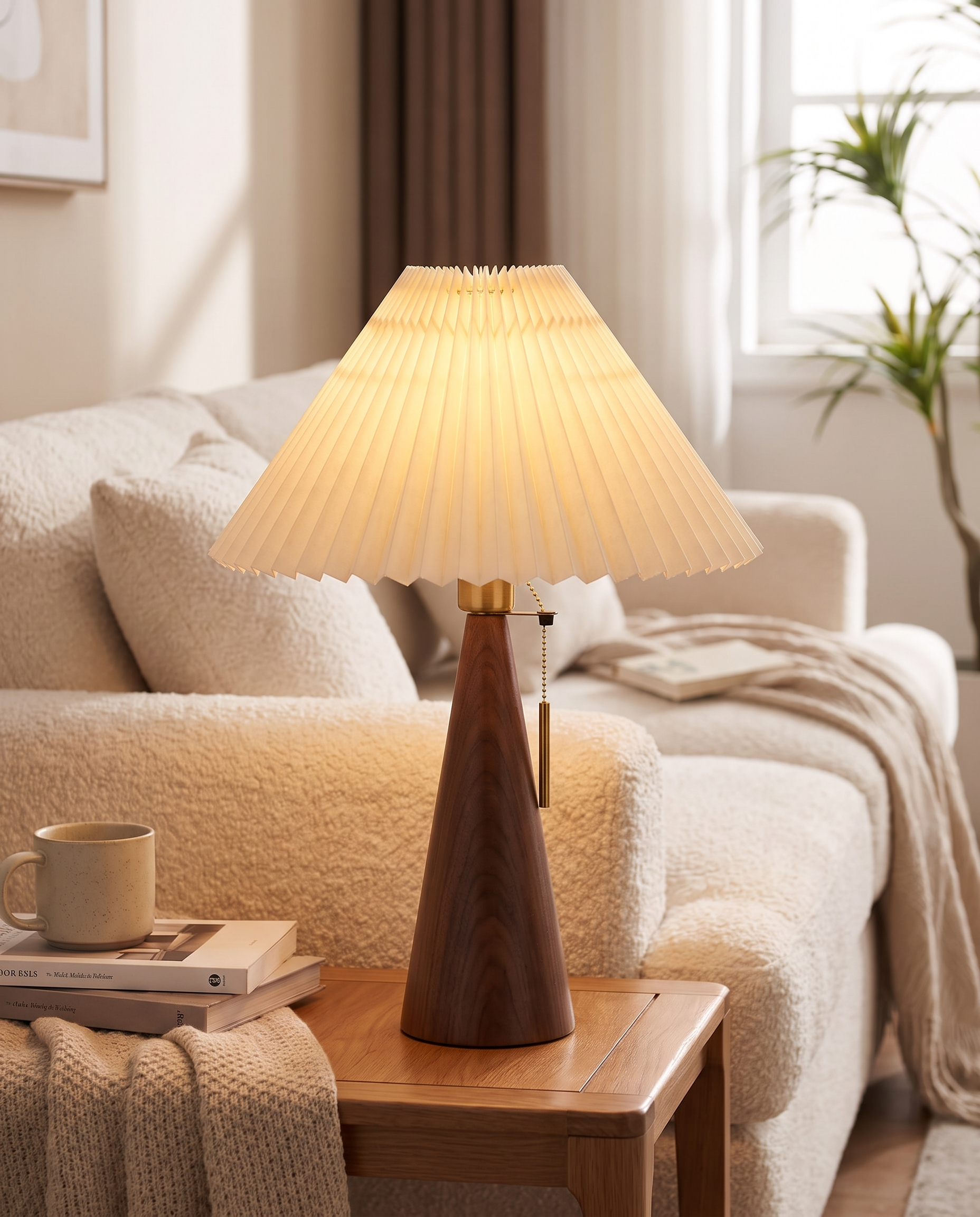 Yumi Table Lamp in Walnut on a living room side table