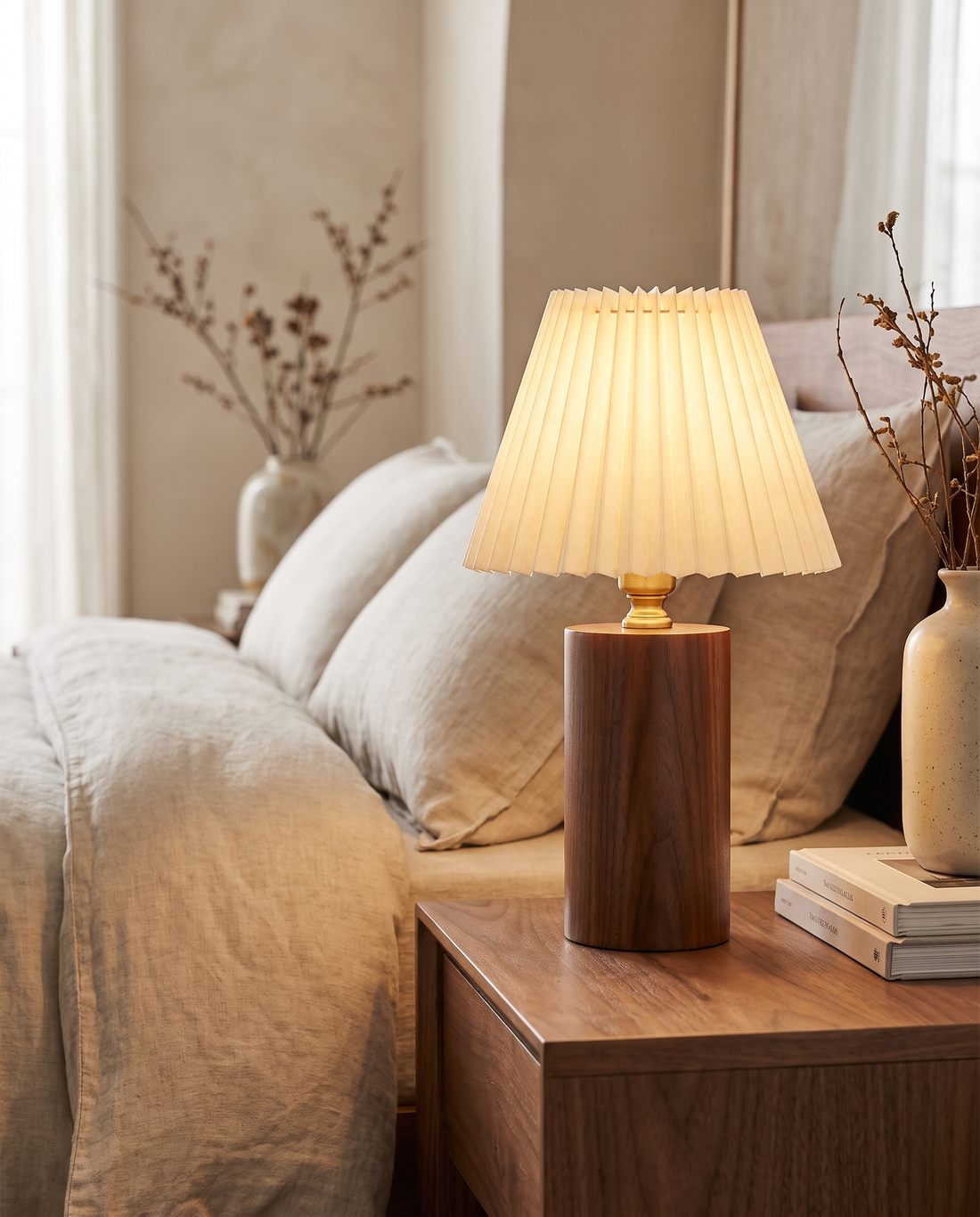 Seol Table Lamp in Walnut on a bedroom nightstand