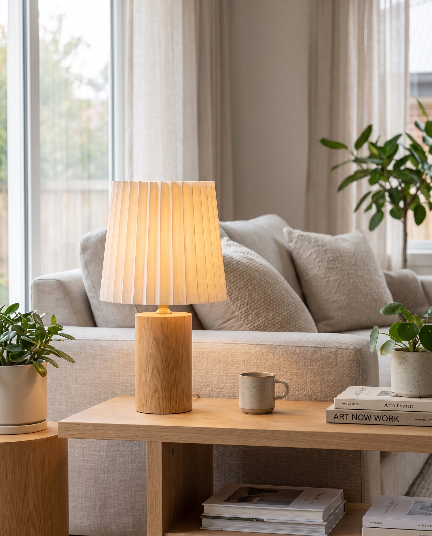 Seol Table Lamp in Wood on a living room side table