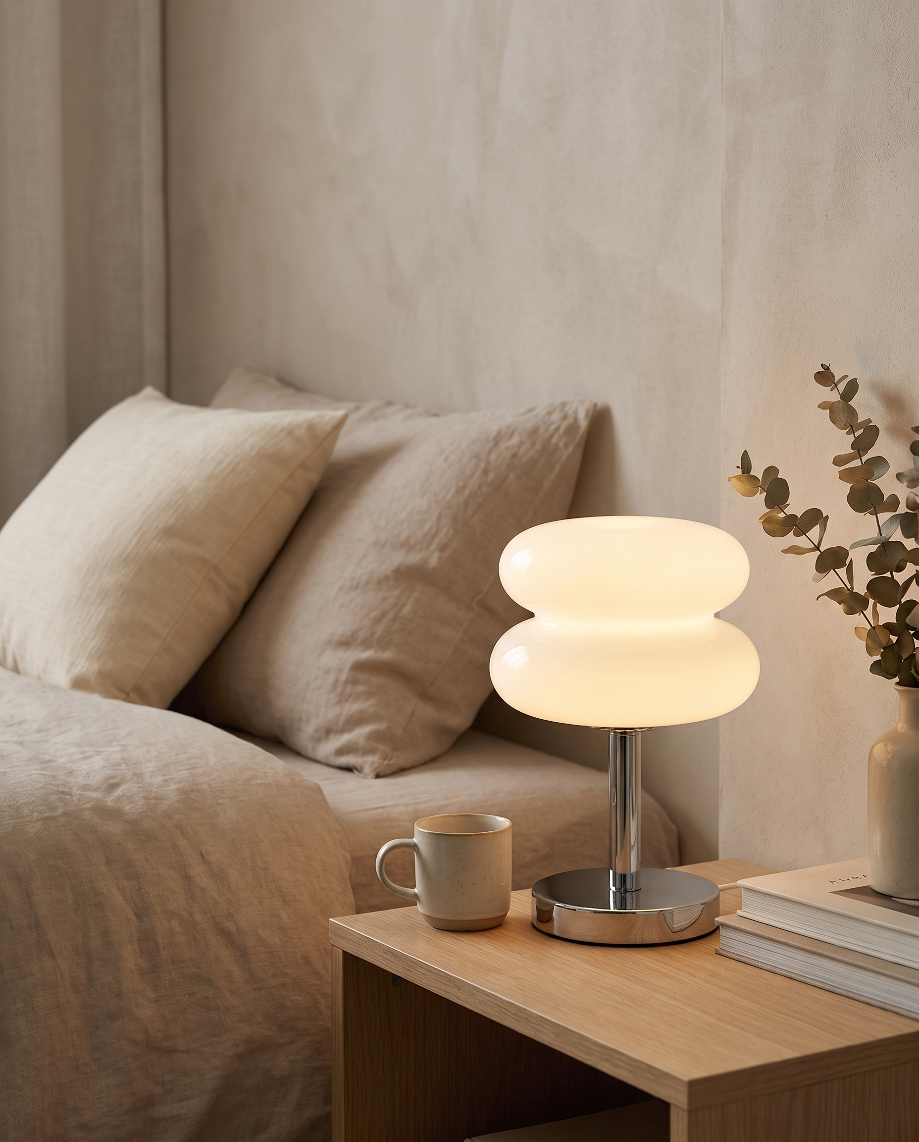 Tarta Table Lamp in White on a bedroom nightstand