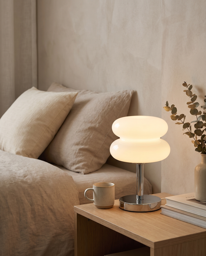 Tarta Table Lamp in White on a bedroom nightstand