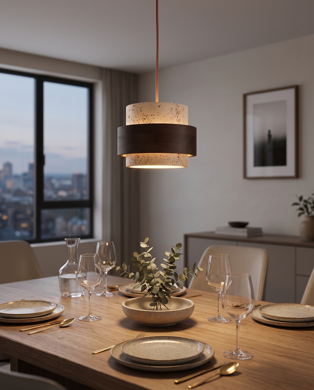 Colonna Travertine Pendant Light over a dining table