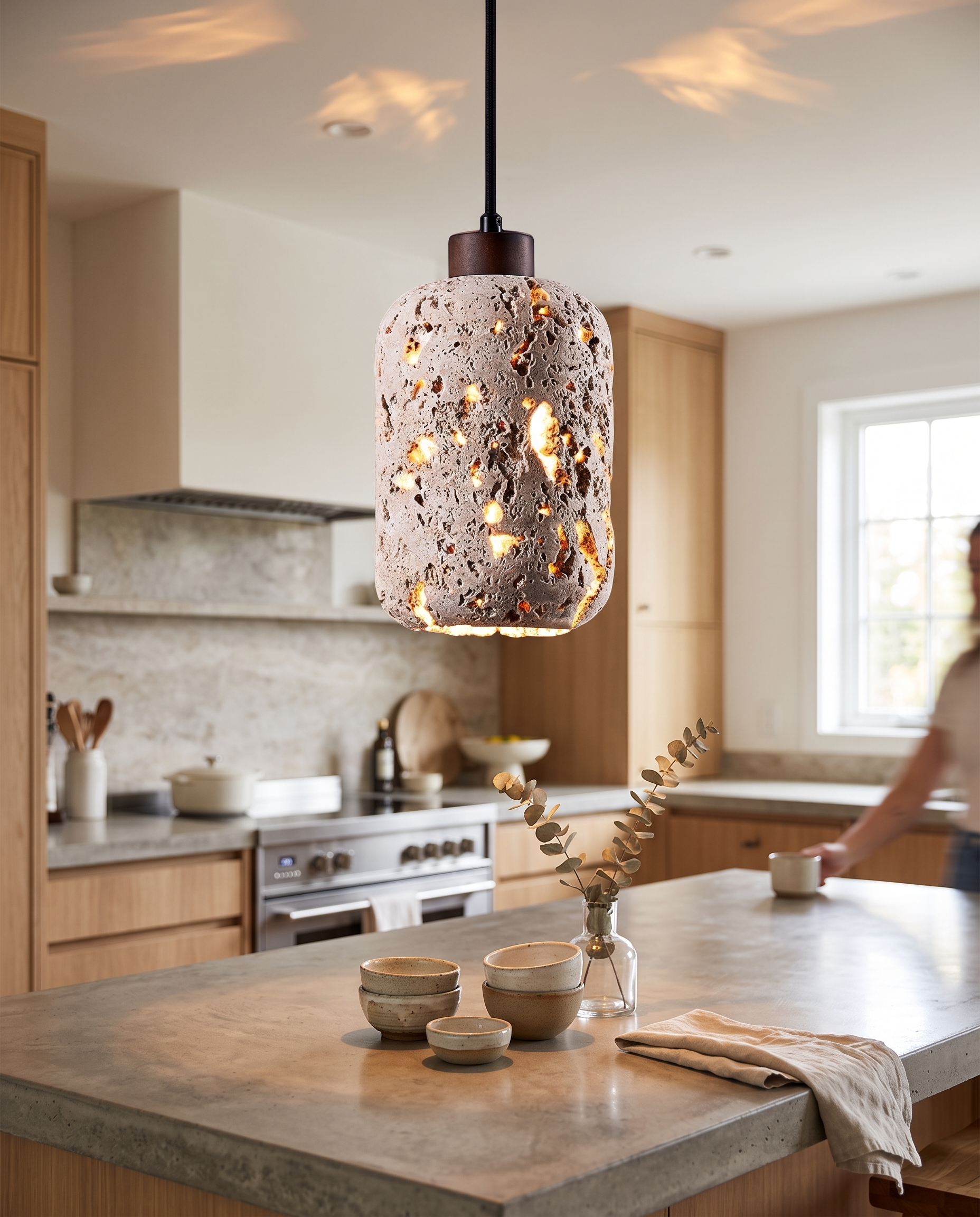 Botte Travertine Pendant Light over a kitchen island