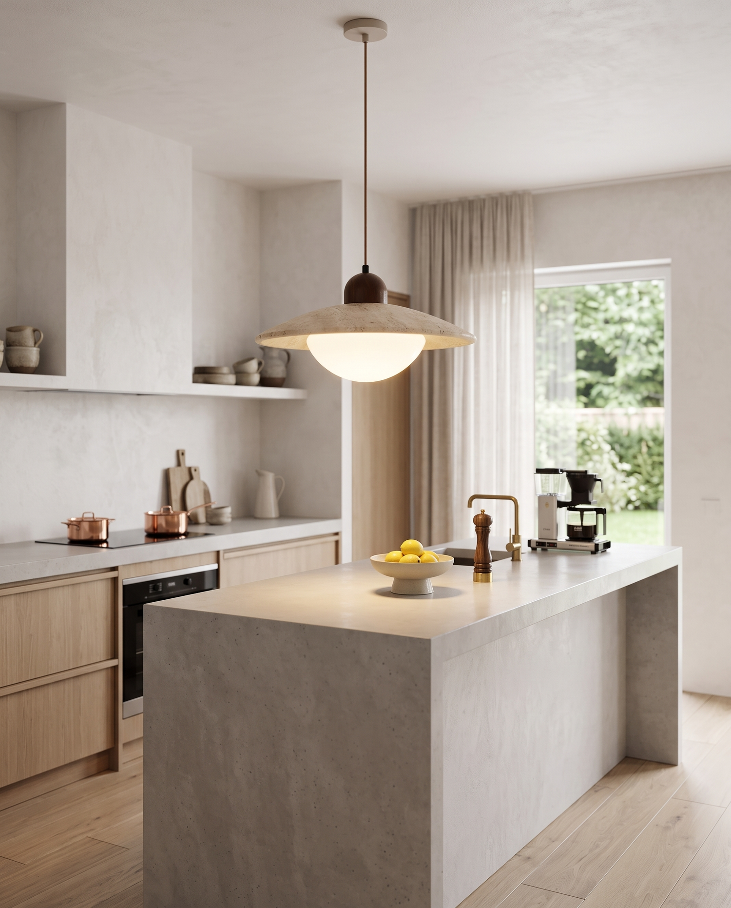 Disco Travertine Pendant Light over a kitchen island